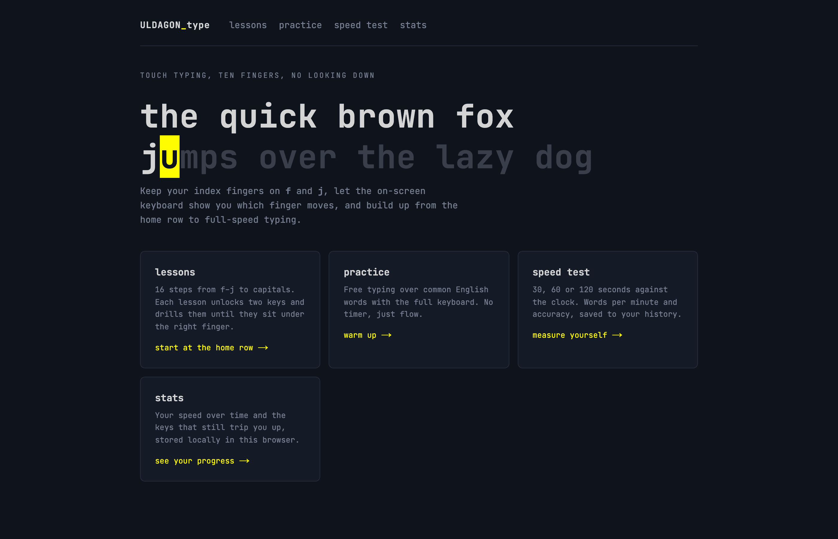 The home page: lessons, practice, speed test, and stats