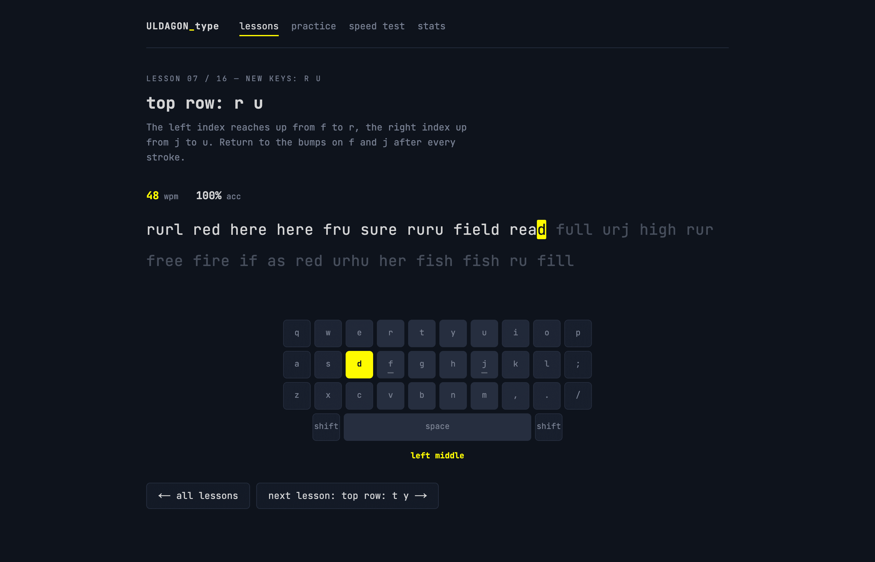 A lesson mid-drill: the keyboard highlights the next key and names the finger