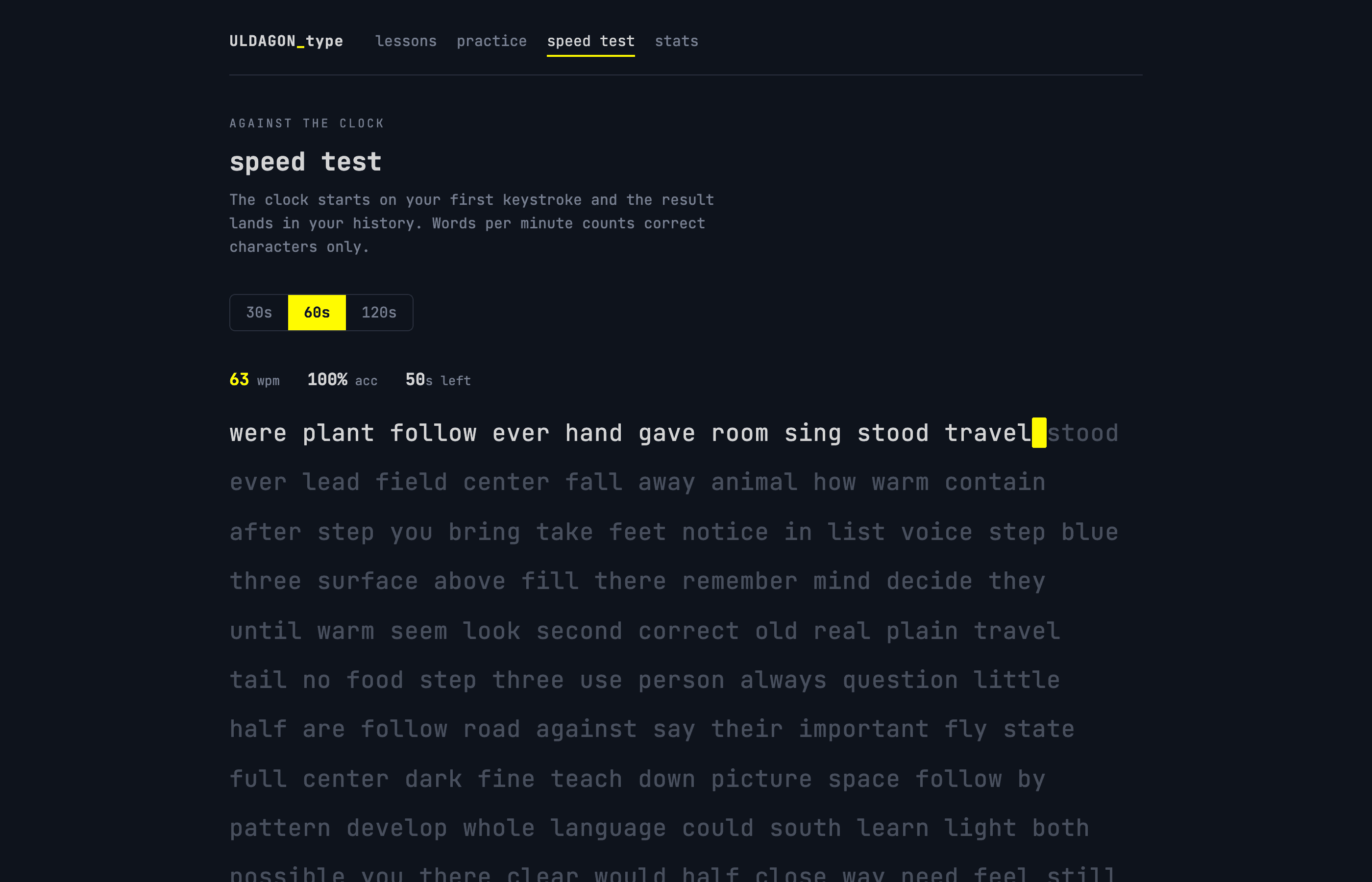 A 60-second speed test — the clock starts on the first keystroke